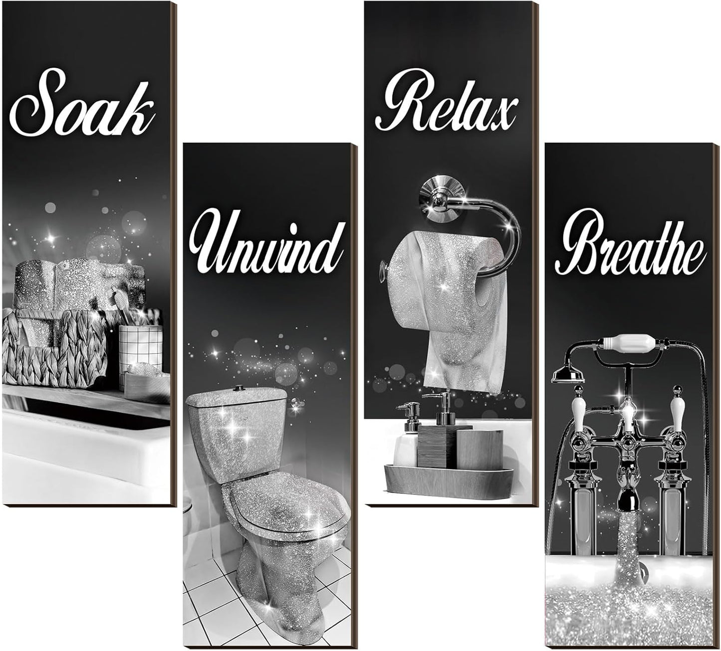 Honoson 4 Pcs Bathroom Decor Wall Art Farmhouse Bathroom Pictures Wall Decor Soak Unwind Relax Breathe Wood Hanging Sign for Home Spa Laundry(Black and Silver)