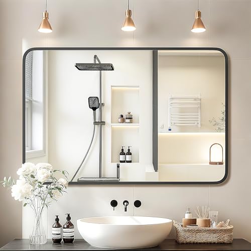 24×36 Bathroom Mirror for Wall. Modern Bathroom Vanity Mirror. Black Bathroom Mirrors for Over Sink with Metal Framed HD Tempered Glass Hangs Horizontally or Vertically