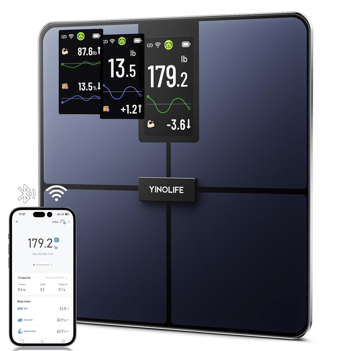 Smart Scale for Body Weight. 4.3 Color Display Digital Weight Scale. High Precision Wi-Fi Bathroom Scale with BMI. Body Fat. Muscle Mass. 20 Body Composition Scale Sync App. 400 lbs. Black