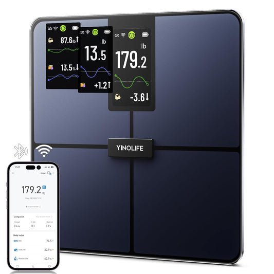 Smart Scale for Body Weight. 4.3 Color Display Digital Weight Scale. High Precision Wi-Fi Bathroom Scale with BMI. Body Fat. Muscle Mass. 20 Body Composition Scale Sync App. 400 lbs. Black