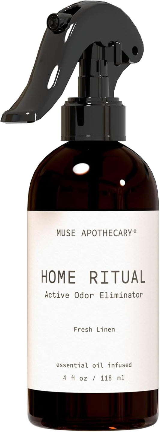 Muse Apothecary Home Ritual Active Odor Eliminator Spray - Furniture Deodorizer Spray & Bathroom Odor Eliminator for Home - Essential Oil Air Freshener - 4oz. Fresh Linen