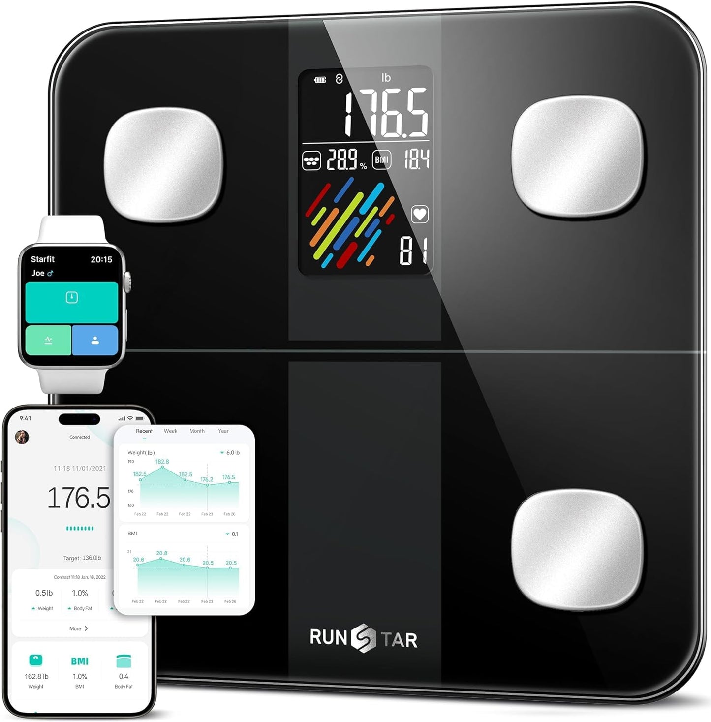 Runstar Smart Scale for Body Weight and Fat Percentage. High Accuracy Digital Bathroom Scale with Large Display for BMI Heart Rate 15 Body Composition Analyzer Sync with Fitness App 400lb