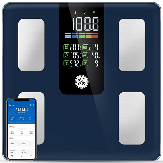 GE Scale for Body Weight Smart: Digital Bathroom Body Fat Scales 500lbs for BMI Muscle Bluetooth Smart Weight Monitor 11.8 Large Platform Weighing Machine Health Analyzer with App Dark Blue