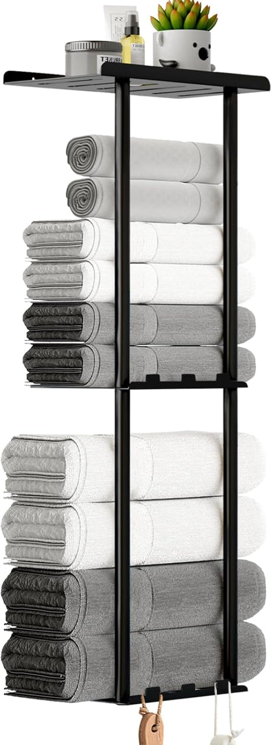 Towel Racks for Bathroom. 3 Tier Metal Towel Holder. with Shelf & 6 Hooks. 29 inch Wall Mounted Towel Storage. 6 Large Bath Towels Capacity.Small Bathroom Towel Rack for Rolled Towels. Black