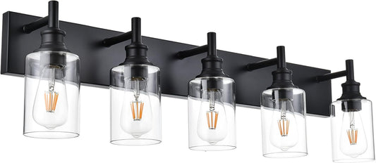 5 Light Bathroom Vanity Lights Black Bathroom Lighting Fixtures Over Mirror with Clear Glass Shades. Farmhouse Wall Sconces Vanity Lighting Fixture for Bedroom Living Room