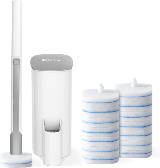 oshang Disposable Toilet Brush - Toilet Bowl Cleaner. Toilet Cleaning Supplies. Toilet Brush with Holder. 14 Refills for Deep Cleaning and Hygienic Bathroom Maintenance