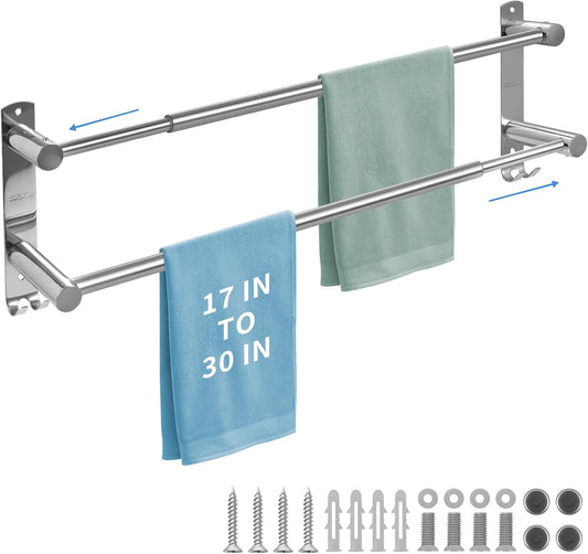 Adjustable Towel Bar & Rack for Bathroom - Stainless Steel Double Towel Holder. 17-30In