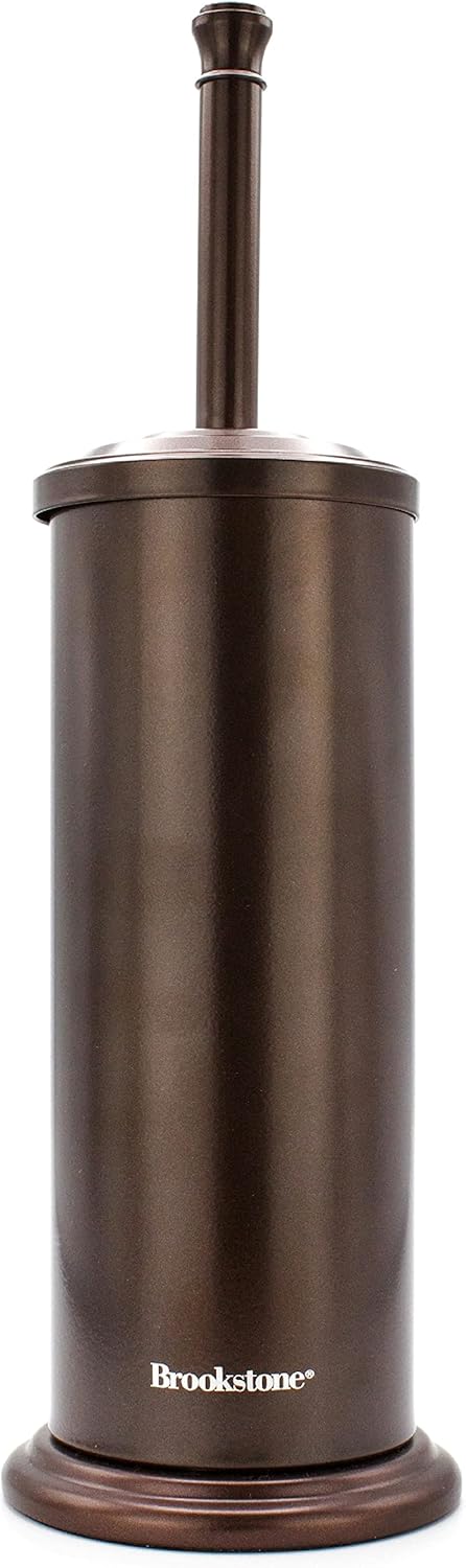 BROOKSTONE. Bronze Metallic Toilet Brush with Holder. Long Handle for Deep Bowl Cleaning. [Splash Protective Disc]. Stylish Modern Space Saving Design. Leakproof Inner Container