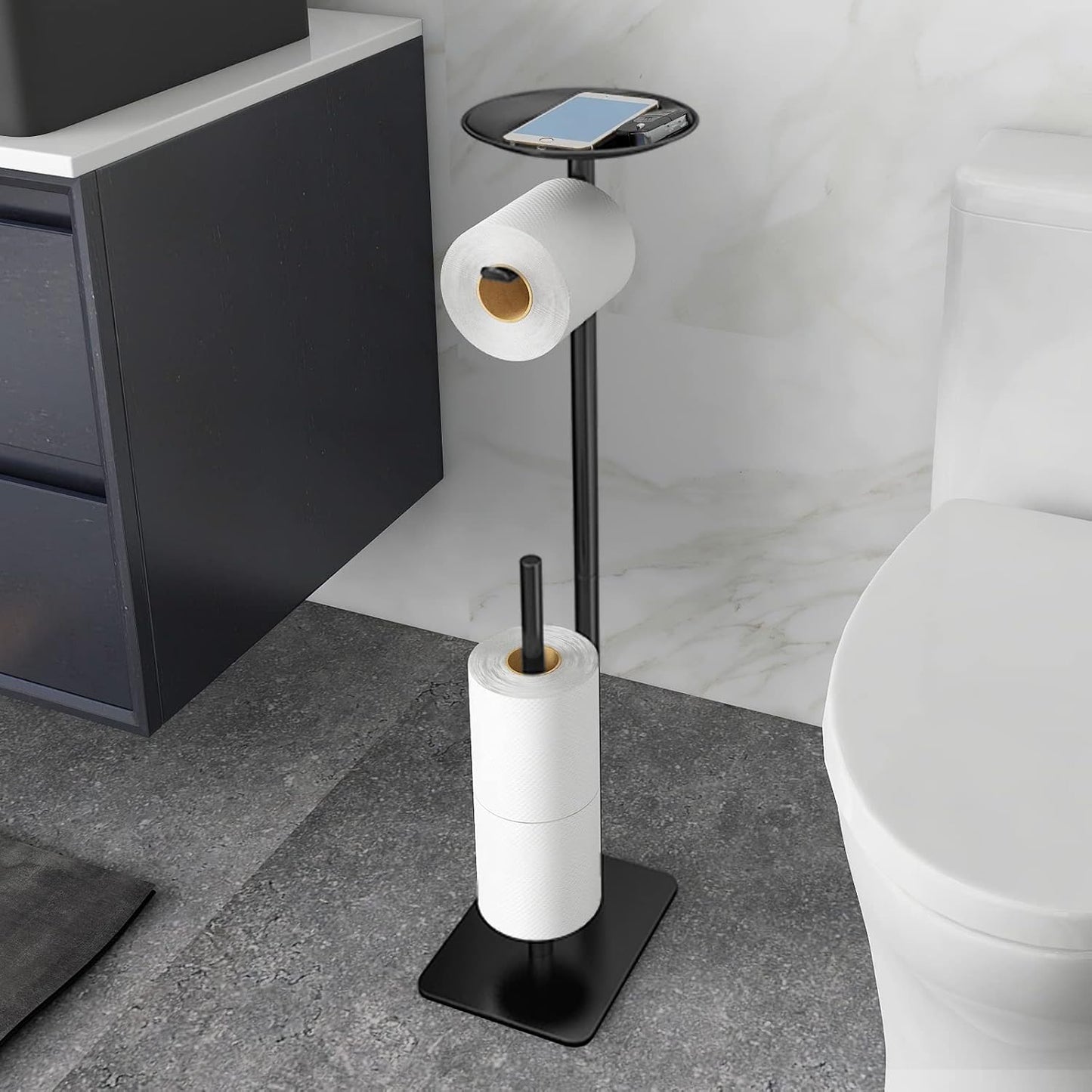 Toilet Paper Holder Stand for Bathroom Floor Standing Toilet Roll Dispenser Storages 4 Reserve Rolls. with Top Storage Shelf for Cell Phones. Wipe. Wallet and More(Black)