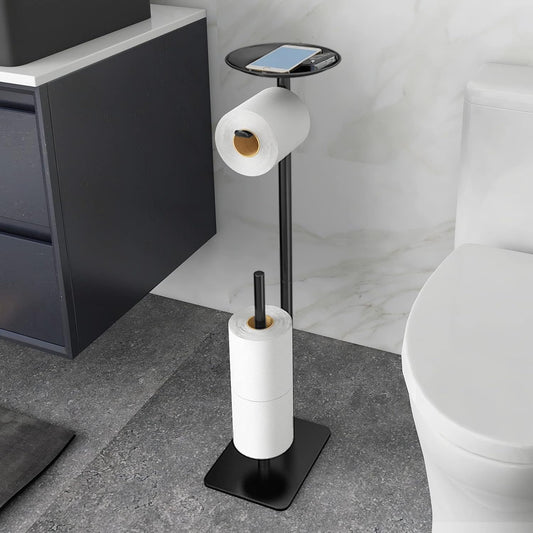 Toilet Paper Holder Stand for Bathroom Floor Standing Toilet Roll Dispenser Storages 4 Reserve Rolls. with Top Storage Shelf for Cell Phones. Wipe. Wallet and More(Black)
