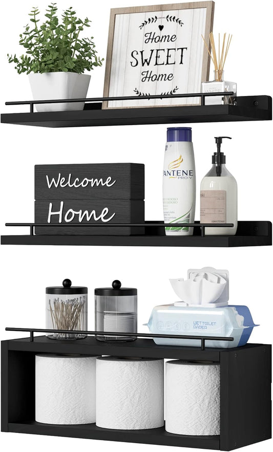 WOPITUES Floating Shelves for Wall with Cube Shelf. Wall Shelves with Metal Rail for Bathroom Decor. Bathroom Organizers and Storage. Over Toilet Shelves for Toilet Paper-Black