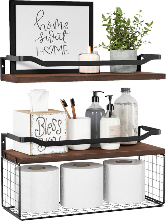 WOPITUES Floating Shelves with Wire Storage Basket. Bathroom Shelves Over Toilet with Protective Metal Guardrail. Wood Wall Shelves for Bathroom. Bedroom. Living Room. Toilet Paper- Dark Brown