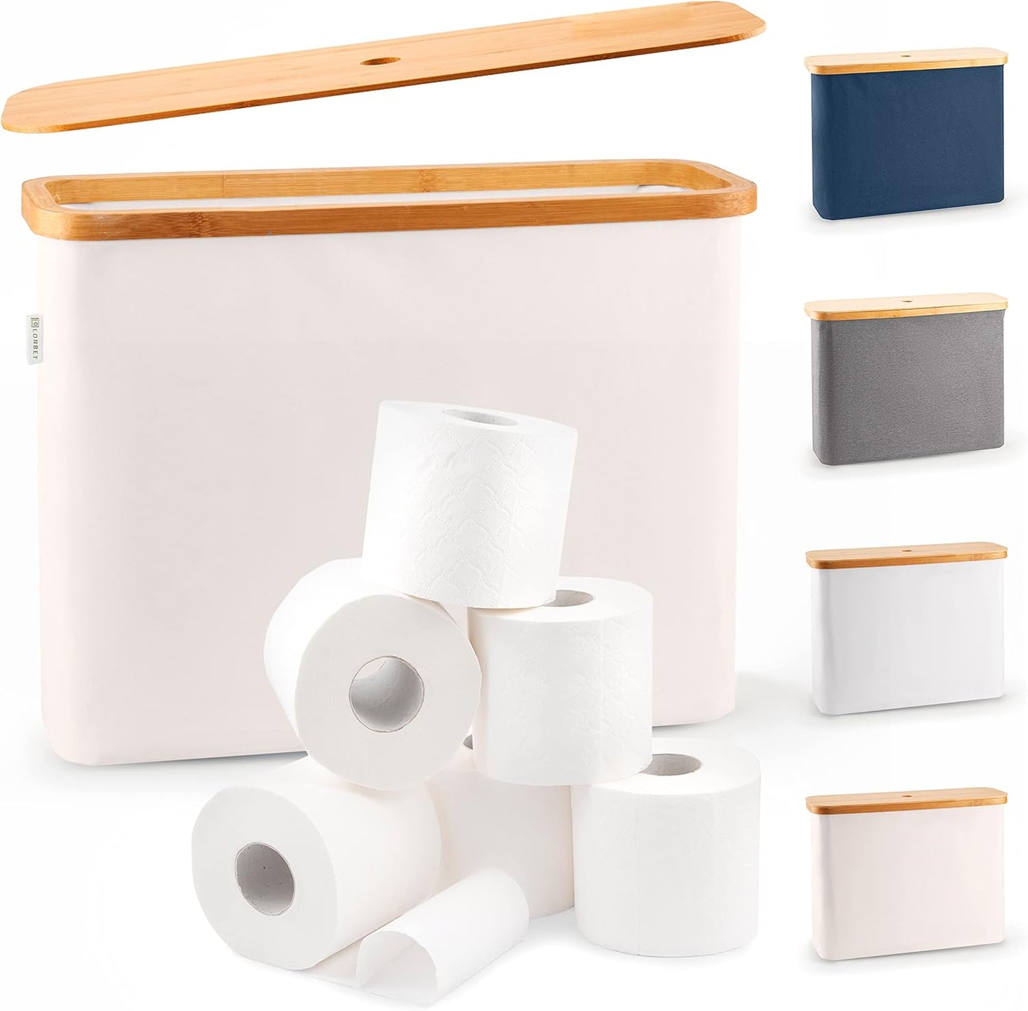 LONBET Toilet Paper Storage for 12 Rolls. Stackable & Foldable - The Ultimate Bathroom Organizer - Waterproof Basket with Bamboo Lid - Elegant Toilet Paper Storage Holder. Beige