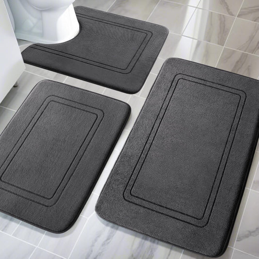 YIHOUSE Memory Foam Bath Mat Set. Non Slip Bath Mats for Bathroom. Super Soft and Water Absorbent Bath Rug Set. Machine Washable U Shape Toilet Mats. Dark Grey