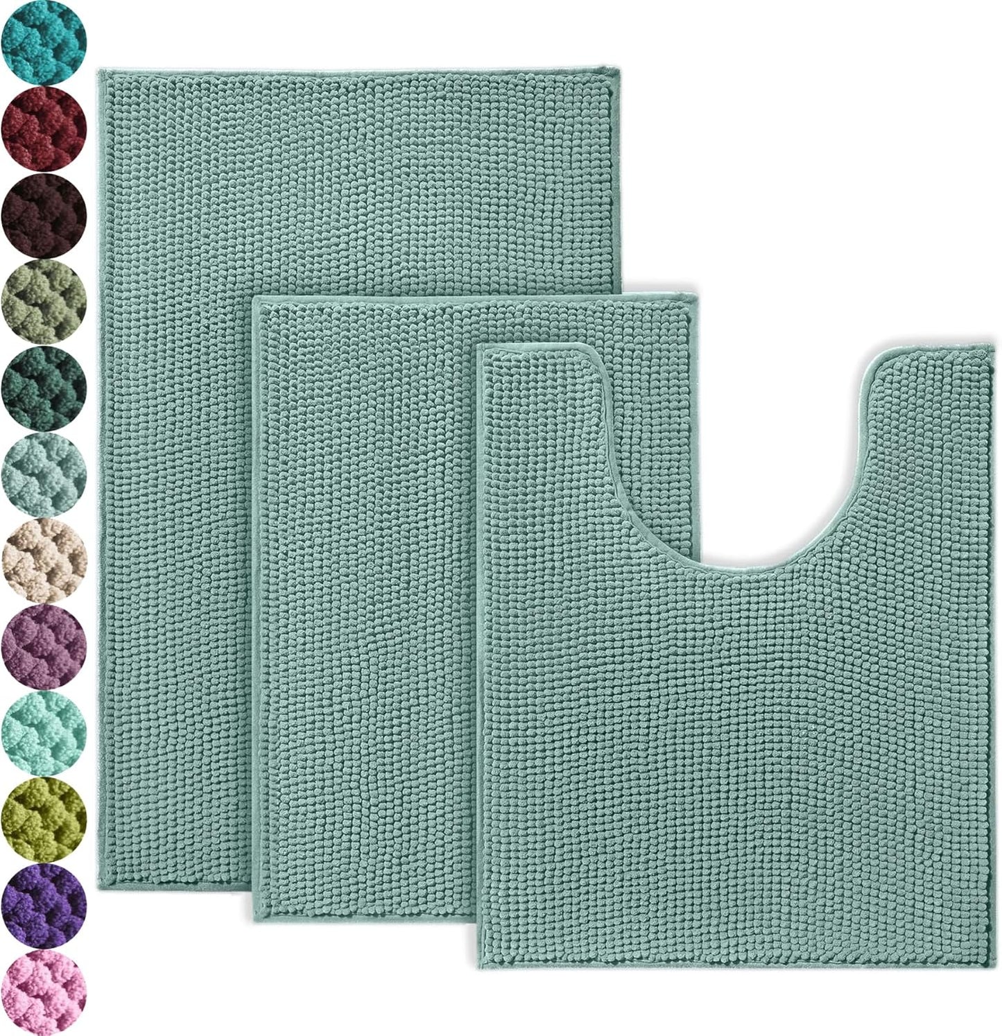 Urvoix Bathroom Rugs Sets 3 Piece. Non-Slip Chenille Bath Rug - Ultra Soft. Washable. Super Absorbent Bath Mat for Bathroom. Toilet and Tub (Sage)