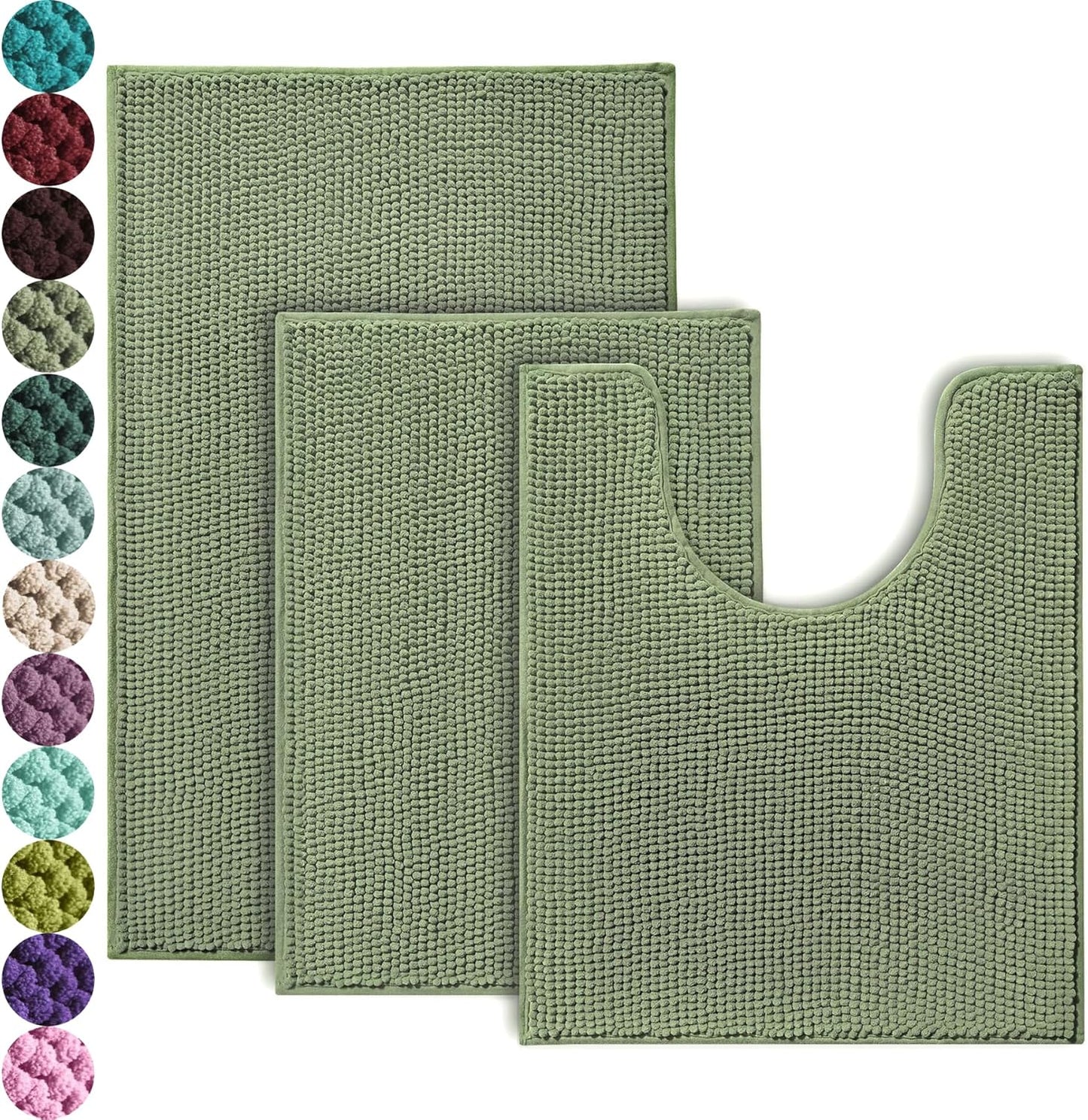 Urvoix Bathroom Rugs Sets 3 Piece. Non-Slip Chenille Bath Rug - Ultra Soft. Washable. Super Absorbent Bath Mat for Bathroom. Toilet and Tub (Sage)