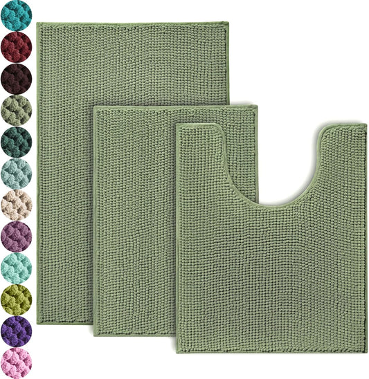 Urvoix Bathroom Rugs Sets 3 Piece. Non-Slip Chenille Bath Rug - Ultra Soft. Washable. Super Absorbent Bath Mat for Bathroom. Toilet and Tub (Sage)